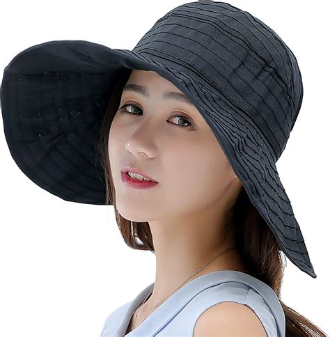 Womens Sun Visors Wide Brim Foldable Beach Sun Hat Black At Amazon