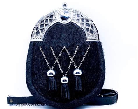 Sporran Black Fur And Fine Leather Decorative Chrome Cantle Three