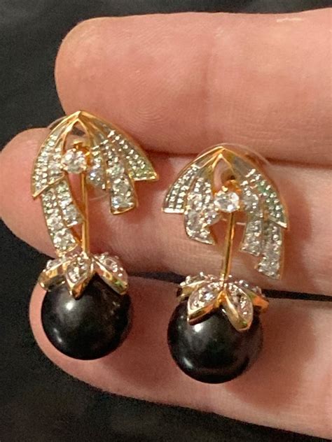 Vintage signed JBK designer gold plated diamanté blac Gem