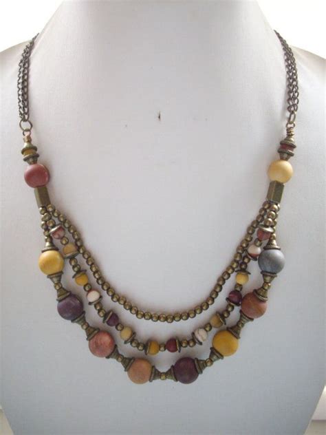 Triple Strand Mustard Gray Burnt Red Burgandy Brown Ivory Matte Jasper Beads And Antique Brass