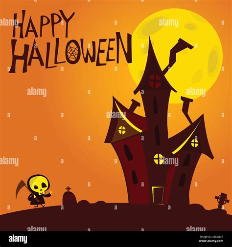 Cartoon Haunted House On Night Background With A Full Moon Behind