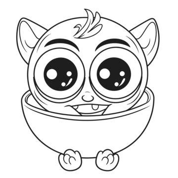 Cartoon Cat With Big Eyes Is Drawing On A White Background Outline