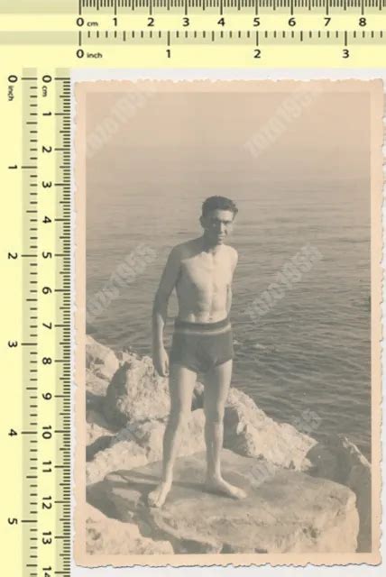 Shirtless Man Pose On Beach Trunks Bulge Gay Int Guy Vintage