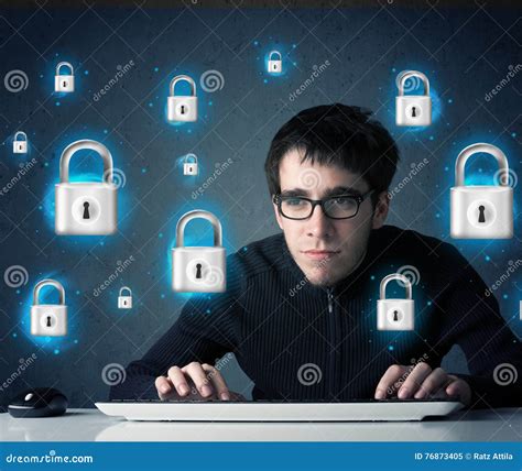 Young Hacker with Virtual Lock Symbols and Icons Stock Image - Image of privacy, lockout: 76873405