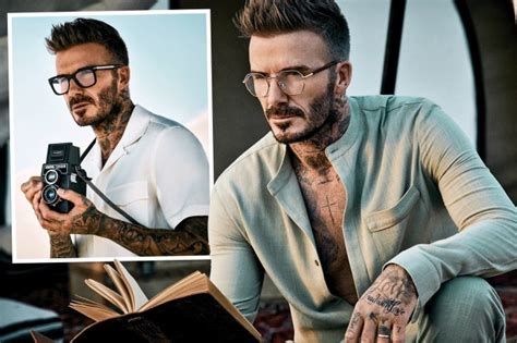 David Beckham models golden glasses as he poses in retro snaps for his ...