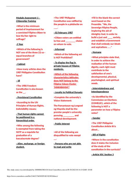 Nstp Reviewer For The 1st Sem Module Assessment 1 Citizenship