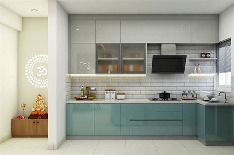 Spacious L Shaped Kitchen Design With Tinted Aqua Blue Cabinets Livspace