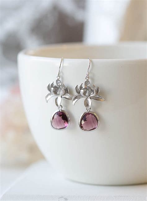 Plum Earrings Silver Lotus Flower Earrings Eggplant Purple Etsy