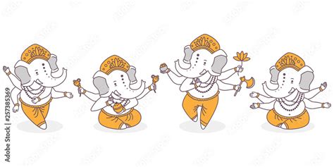 Lord Ganesha vector cartoon cute characters set. Hindu god with ...