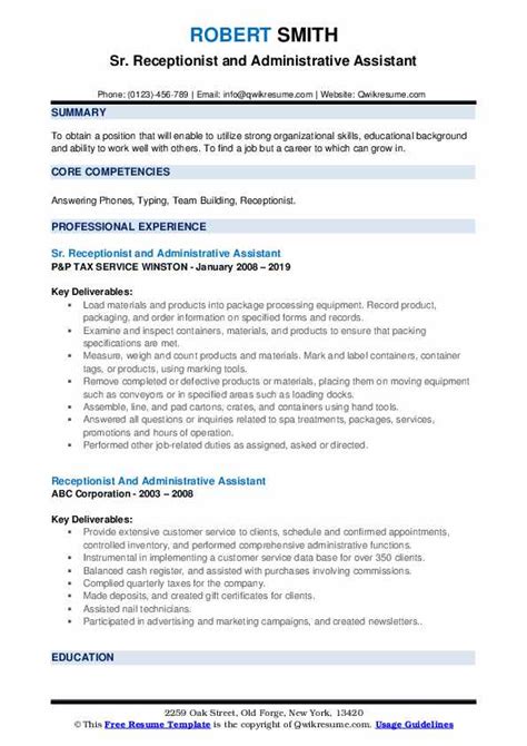 Receptionist And Administrative Assistant Resume Samples Qwikresume