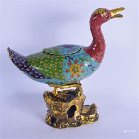 51BidLive A CHINESE BRONZE AND CLOISONNE ENAMEL DUCK CENSER AND COVER