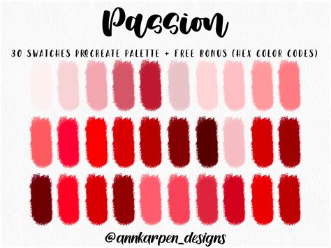 Passion Procreate Palette 30 Hex Color Codes Instant Digital Download Ipad Pro Lust Art