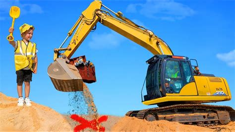 Excavator finds a Chest full of Toy Vehicles for Kids - Go IT