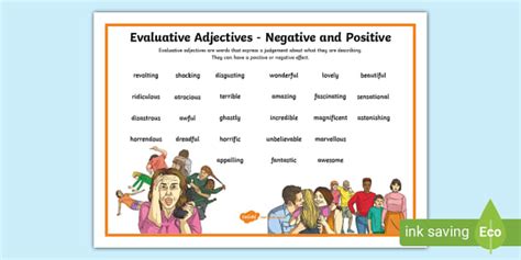 Evaluative Writing Adjectives Negative And Positive Word Mat