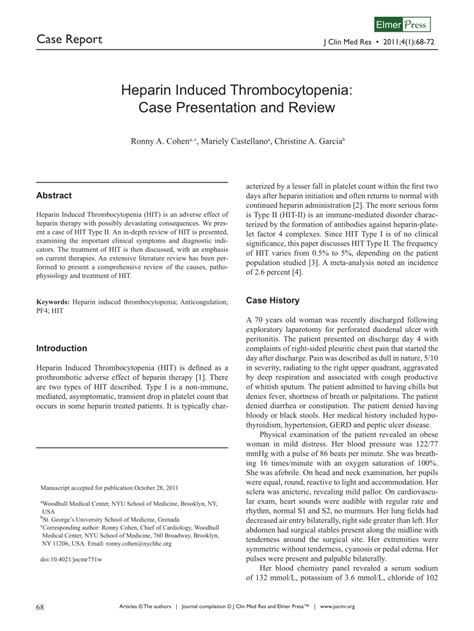 Pdf Heparin Induced Thrombocytopenia Case Presentation And Review