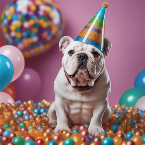 Premium Ai Image Cute Bulldog In A Birthday Party Hat With A Colorful