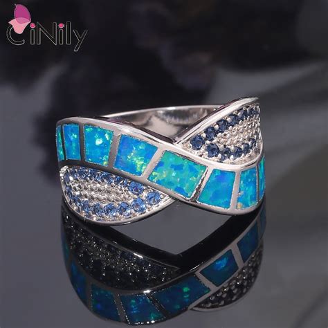 CiNily Created Blue Fire Opal Rings Silver Plated Simple Wide Wedding