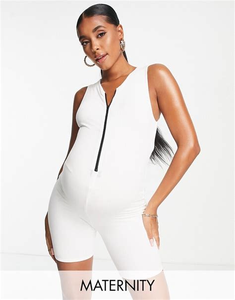 Naked Wardrobe Maternity Naked Wardrobe Mama Zip Down Unitard In White