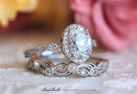 220 Cttw Art Deco Bridal Set Ring Oval Halo Engagement Ring Etsy