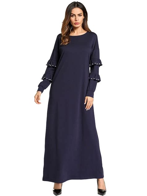 Elegant Muslim Maxi Dress Abaya Ruffles Beading Long Robe Gowns Kimono