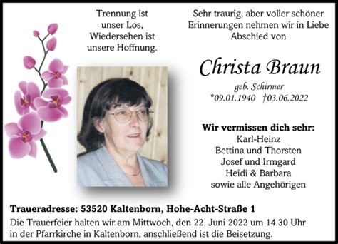 Traueranzeigen Von Christa Braun Rz Trauer De