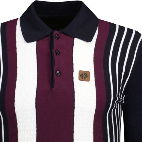 Trojan Retro Mod Dobby Knit Stripe Polo Ls In Navy