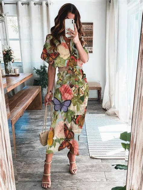 Mujer Vestido de una línea Vestido largo maxi Verde Trébol Manga Corta