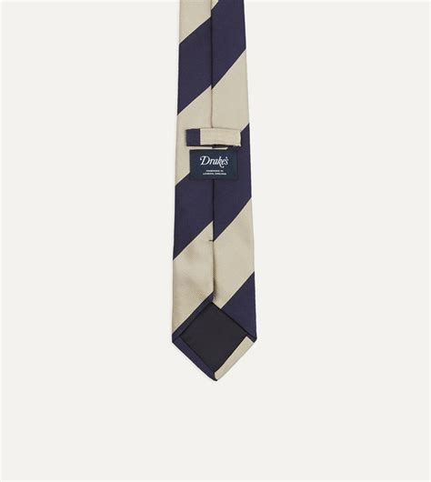 Navy And Ecru Wide Stripe Repp Silk Tipped Tie Drakes Us