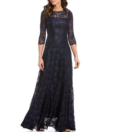 Tahari Asl 34 Sleeve Sequin Lace Gown Dillards In 2020 Black Lace Maxi Dress Women