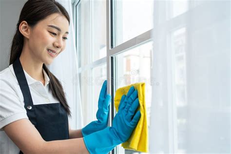 Asian Cleaning Service Woman Worker Cleaning In Living Room At Home Beautiful Happy Girl