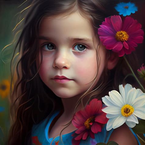 Una Pintura De Una Ni A Con Flores En El Pelo Foto Premium