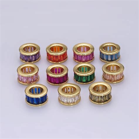 Pc Gold Filled Baguette Cz Stone Large Hole Round Spacer Beads Mm