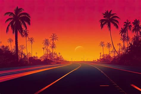 Premium Ai Image Sunset Highway Road With Palm Trees Illustration