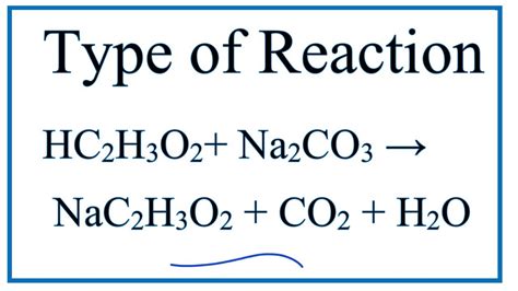 Type of Reaction for HC2H3O2 + NaHCO3 = CH3COONa + CO2 + H2O - YouTube