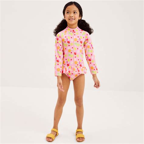 Mitty James Girls Pink Fruits And Flowers Swimsuit Upf 50