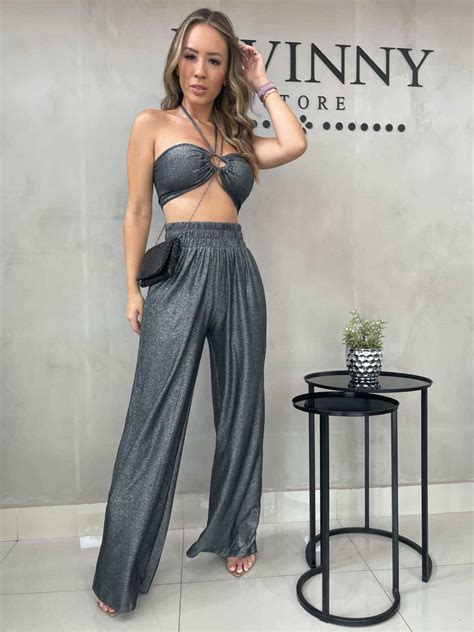 Conjunto Cropped Bojo E Cal A Wide Leg El Stico Lurex Lavinny Store