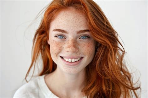 Headshot Portrait Of Happy Ginger Girl With Freckles Smiling Looking At