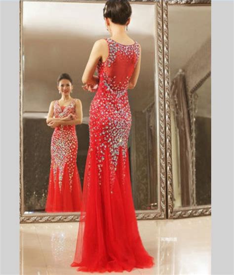 Long Red Tulle Formal Dresses Featuring Rhinestone Beaded Bodice With V