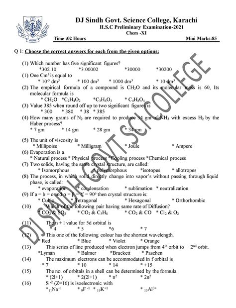 Education Is The Key To Success Chemistry Paper I For Class XI