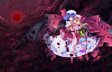 Safebooru Bad Id Bat Wings Blue Hair Flandre Scarlet Hat Mikazuki Sara Moon Multiple Girls