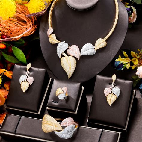 Godki Big Fashion Luxury Pcs Tricolor Leaf African Jewelry Set For