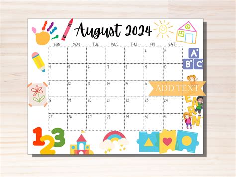 Editable August 2024 Calendar Printable Calendar 2024 Preschool