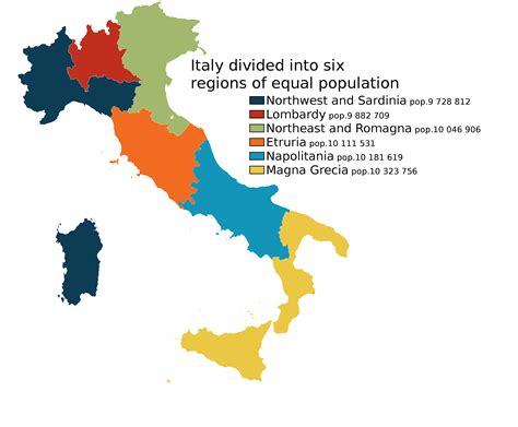 Italy divided into six regions of equal population [OC][3.119×2.578 ...