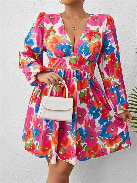 Shein Wywh Plus Allover Floral Print Plunging Neck Lantern Sleeve Dress