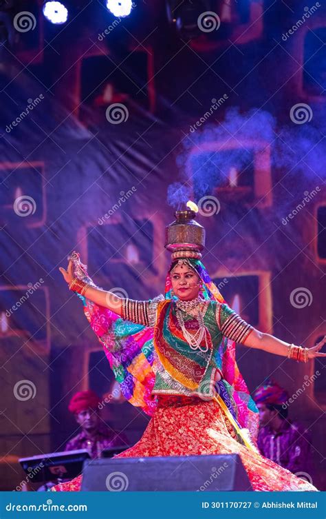 Female Artist Performing Rajasthani Folk Dance Ghoomar Editorial