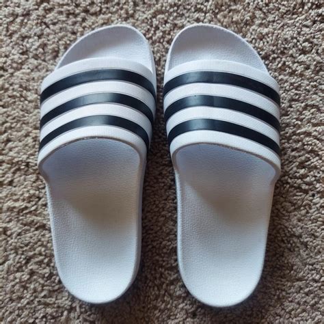 Adidas Women's Black and White Slides | Depop