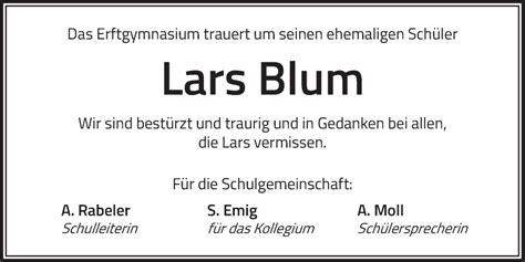 Traueranzeigen Von Lars Blum Wirtrauern