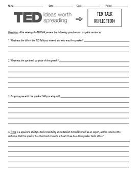 Ted Talk Reflection Worksheet By The Grateful Classroom Tpt