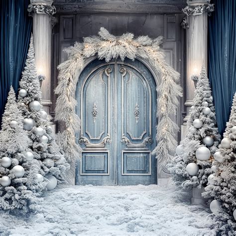 Kate Christmas Winter Frosted World Tree Blue Door Backdrop For Photog