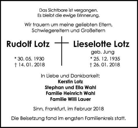 Traueranzeigen Von Rudolf Und Lieselotte Lotz Vrm Trauer De